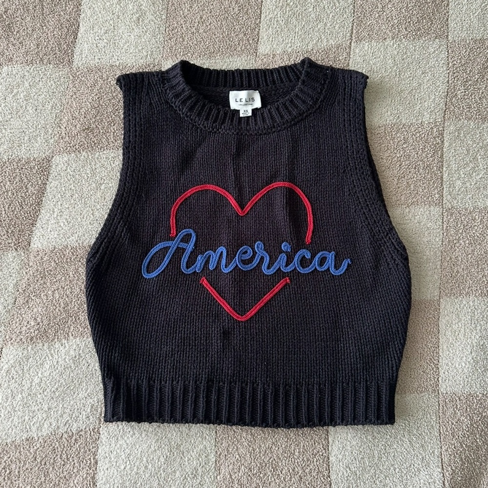 Le Lis Sleeveless Sweater with Red Heart and Blue America Design